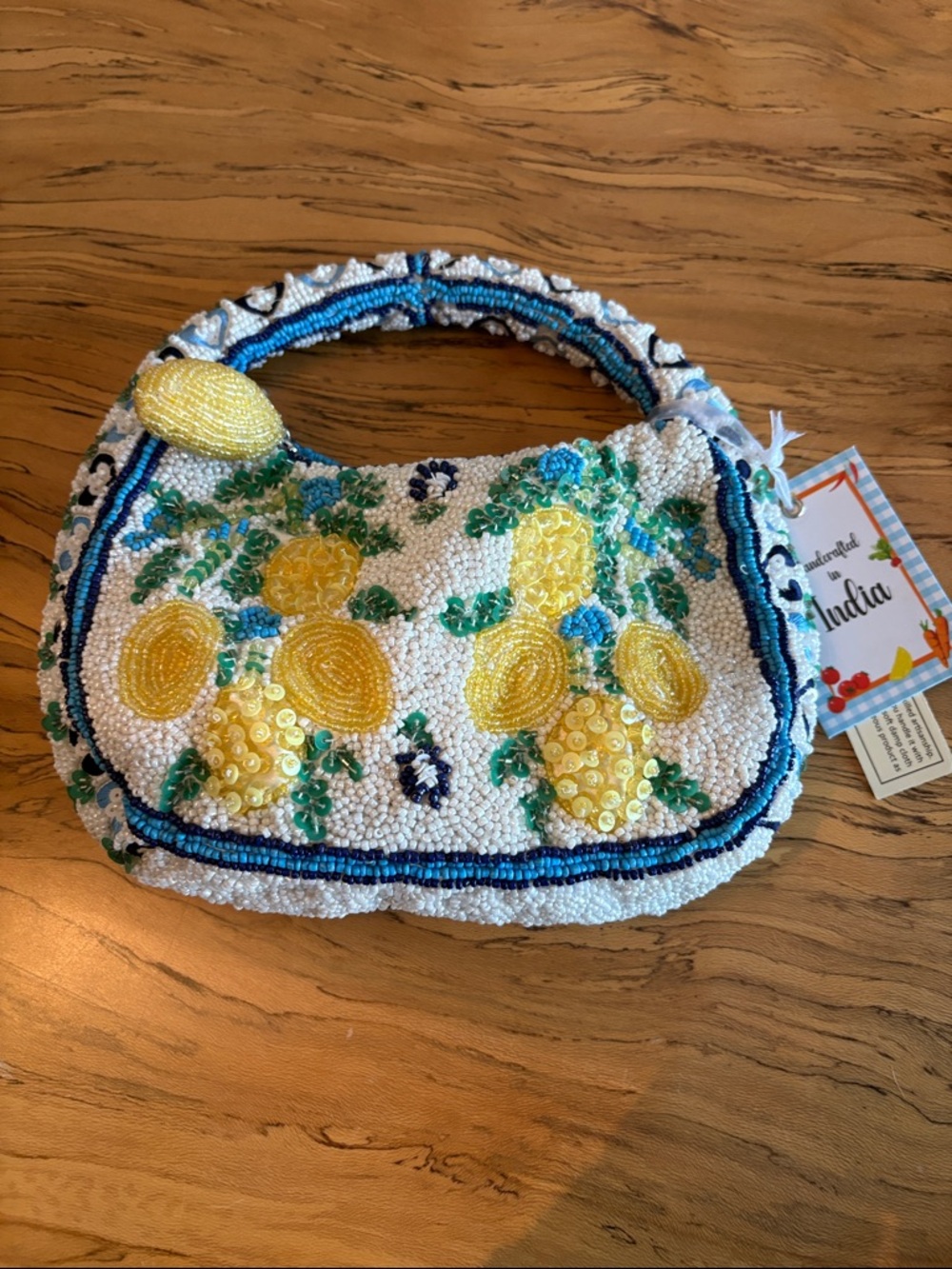 Viral Handcrafted Beaded Handbag with Yellow Floral and Lemon Motif